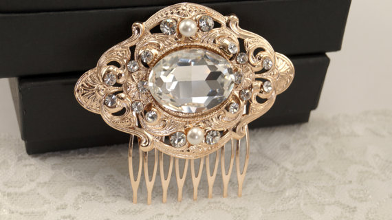 Mariage - Bridal hair comb-Rose gold vintage inspired swarovski crystal art deco rhinestone bridal hair comb-Bridal accessories-Bridal headpiece