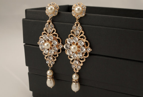 زفاف - Rose gold dangle earrings-Rose gold bridal earrings-Rose gold art deco rhinestone Swaroski crystal earrings - Wedding jewelry