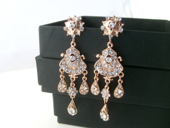 Hochzeit - Bridal earrings -Rose gold chandelier earrings-Wedding earrings-Rose gold art deco rhinestone Swaroski crystal earrings - Wedding jewelry