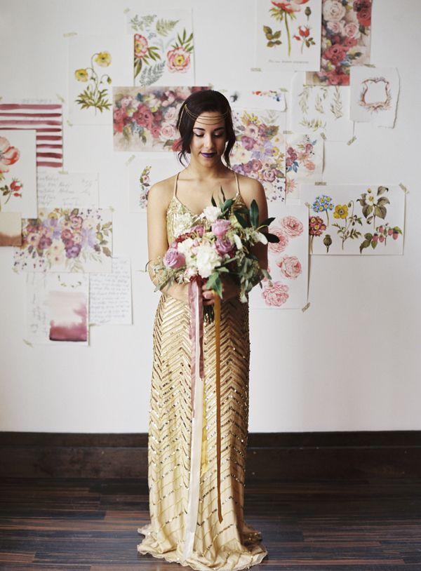 زفاف - Modern Floral Print And Gold Sequin Bridals