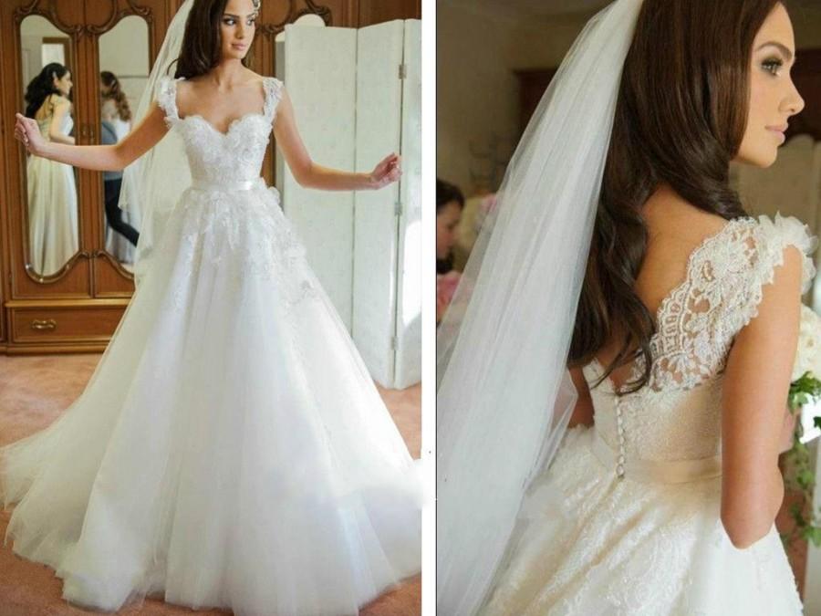 Wedding - Elegant Real Image Spring Wedding Dresses Straps Applique Lace Tulle Sleeveless A-Line Bridal Gowns 2015 Sweep Train Chapel Wedding Ball Online with $122.83/Piece on Hjklp88's Store 