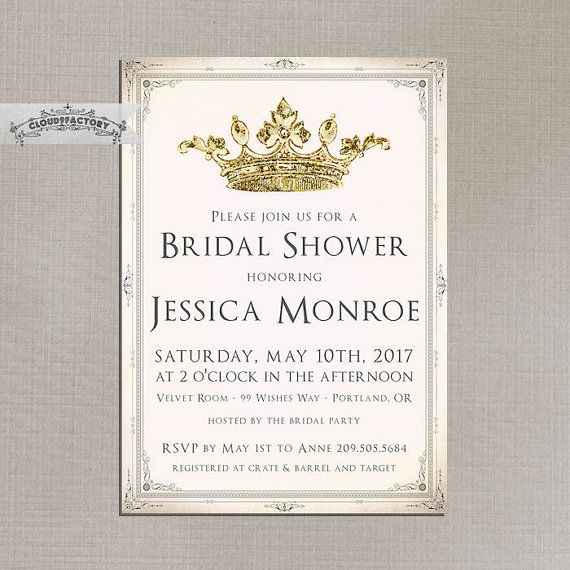 Mariage - Blush Pink and Gold Bridal Shower Invitations Fancy Crown Princess Queen Elegant Vintage Formal Luncheon Brunch High Tea Party No.786