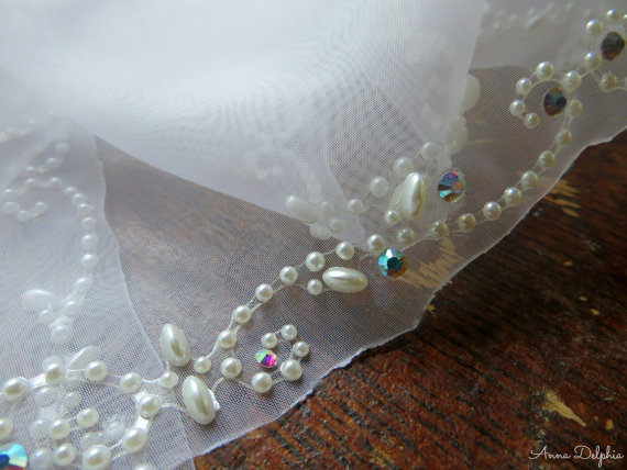 Hochzeit - Wedding Veil, White organza, two tier, fingertip veil, Pearl Swirls And Swarovski Crystals, Double layer fingertip veil, Bridal Accessory