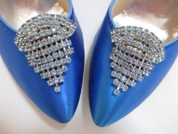 Wedding - Vintage rhinestone shoe clips in unusual pale blue color for special occasion or bridal