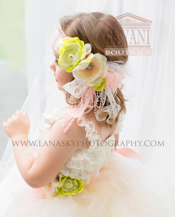 Wedding - FLOWER GIRL DRESS,  set 4 pcs ,flower girl headband, sash, petti lace romper and tutu skirt,flower girl outfit, lace dress flower girl