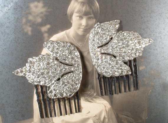زفاف - PAIR 1920s Flapper Rhinestone Leaf Bridal Hair Combs, Vintage Art Deco Silver Pave Original Dress Clips to OOAK Wedding Hair Piece Accessory