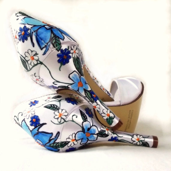 Hochzeit - Wedding shoes peep toes blue colombina white tangerine and blue daisies old Italy vines Kim