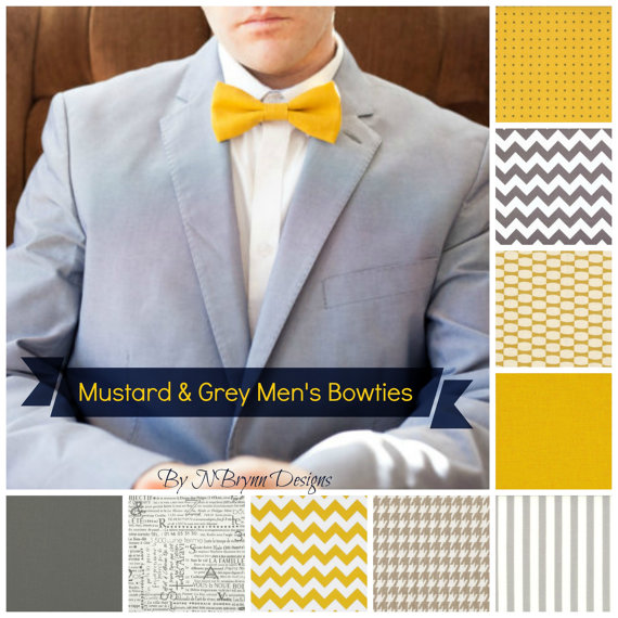 Wedding - Men's mustard & grey bowties -  chevron seersucker pin dot goldenrod sunshine yellow gray groom bow tie groomsmen usher father ring bearer