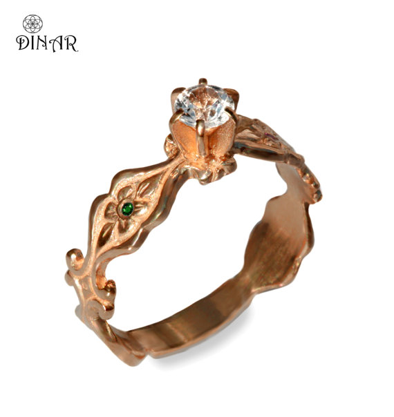 زفاف - Handmade Engagement ring, Diamond  ring, 14k solid pink gold Art Deco hand engraved scrolls leaf , Natural diamond rose gold solitaire ring