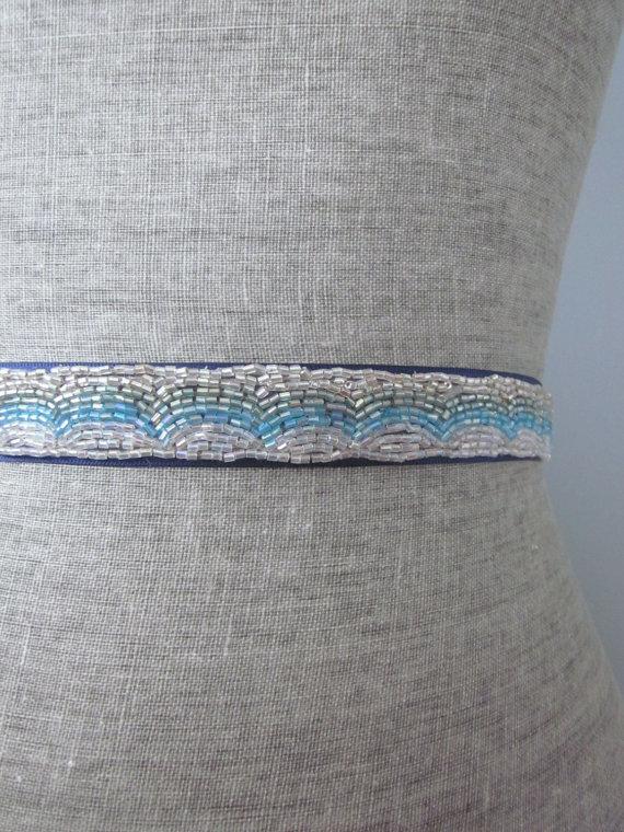 Mariage - Blue and Green Scallop wave beaded Wedding Sash / belt