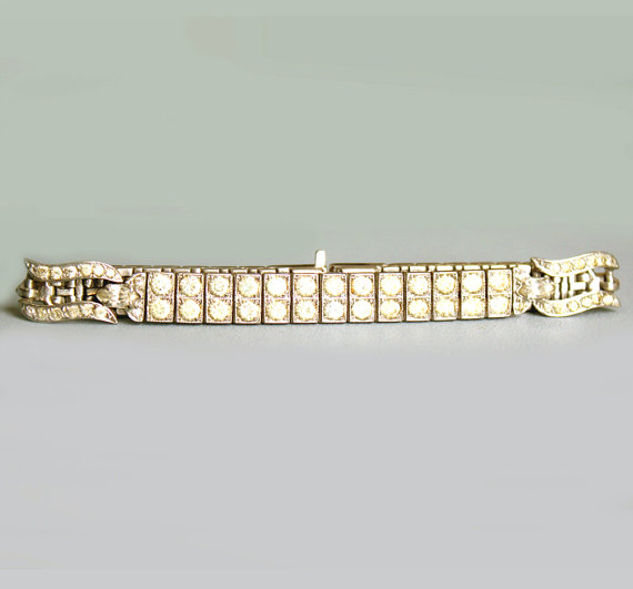 Hochzeit - Antique Art Deco Diamonbar Paste Bracelet Silver Crystal Rhinestone Faux Diamond Bracelet Wedding Bridal Bracelet Jewelry Clear Rhinestones