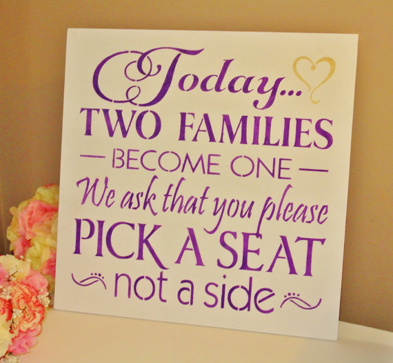 Mariage - XL LARGE Wedding Sign 18" Today Two Families Become One Pick a Seat not a side  custom made wood sign seating plan dark purple gold white