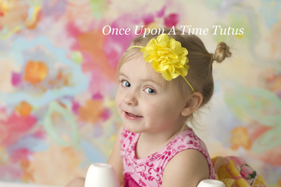 Hochzeit - Yellow Eyelet Fabric Flower Casual or Dressy Headband - Newborn Baby Easter Dressy Hairbow - Little Girls Eyelet Fabric Hair Bow