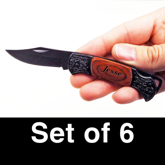 Wedding - Groomsmen Gifts, Groom, Wedding Gift, Engraved Pocket Knives Set of 6, Small Honed Blade Lockback Pocket Knife Wood Handle