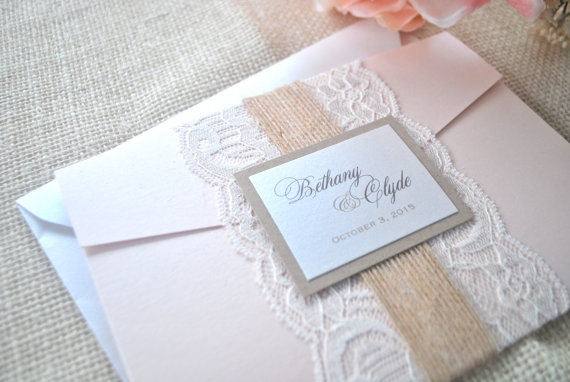 زفاف - Rustic Elegance Burlap and Lace Blush Pocket Wedding Invitation-Sample