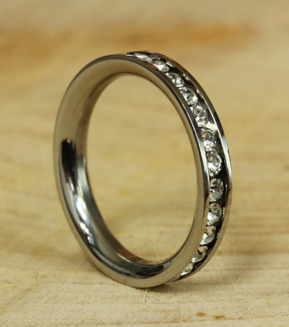 Hochzeit - White Topaz Full Eternity ring / stacking ring in white gold or titanium - Wedding Band - Engagement ring