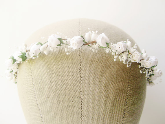 زفاف - Bridal flower crown, Rustic wedding hair accessories, Baby's breath, White floral headband, Wreath, Natural - GOSSAMER