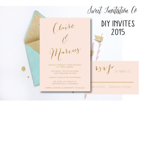 Hochzeit - Blush & Gold Wedding Invitation, Gold Glitter Invitation and RSVP, DIY Printable Wedding or printed