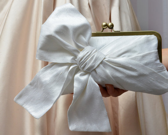 Wedding - Bridal Bow Clutch, Wedding Clutch, Ivory Purse, Formal Purse, Prom Clutch {Knotted Sash Kisslock}