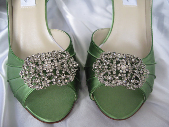 Wedding - Wedding Shoes Apple Green Vintage Inspired Wedding Shoes with Vintage Style Rhinestone Brooch - Additional 100 Colors To Pick From