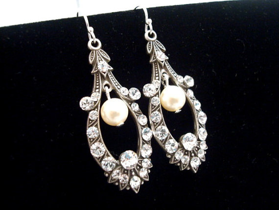 زفاف - Bridal earrings,  vintage style earrings, wedding earrings with Swarovski crystals and Swarovski ivory  pearls, wedding jewelry