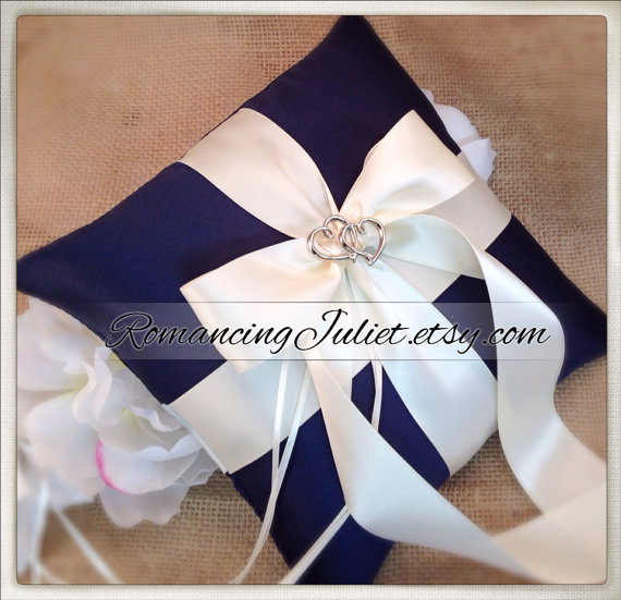 Hochzeit - Romantic Satin Elite Ring Bearer Pillow with Two Hearts Accent...You Choose the Colors...BOGO Half Off...shown in navy/ivory 