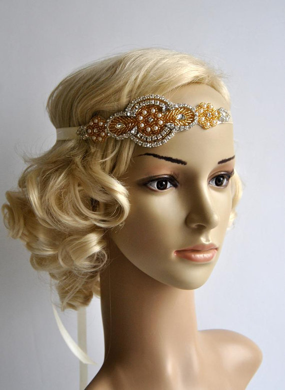 Hochzeit - Gold Champagne Crystal Pearls Rhinestone , flapper Gatsby Headband, Wedding Headband, Wedding Headpiece,1920s Bridal Headpiece,r headband