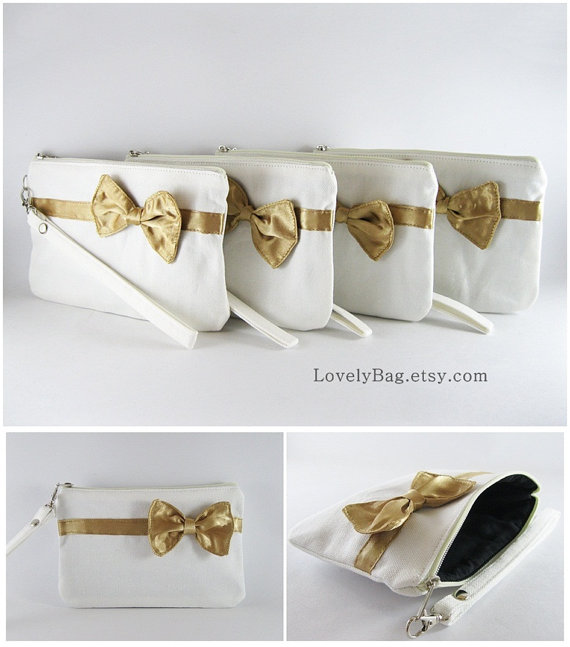 Hochzeit - SUPER SALE - Set of 4 Ivory with Little Gold Bow Clutches - Bridal Clutches, Bridesmaid Wristlet, Wedding Gift  - Made To Order