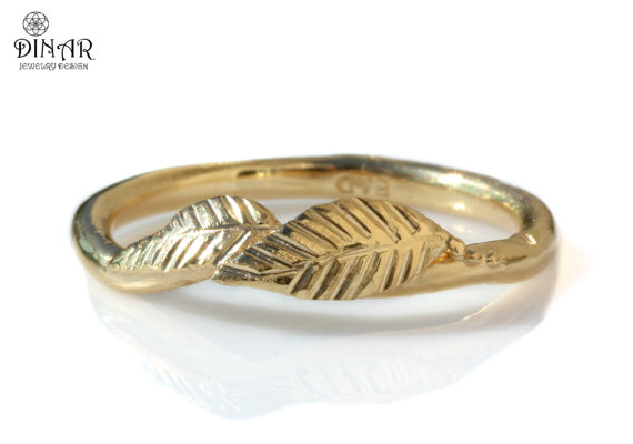 زفاف - leaf wedding ring  14k yellow gold , texture engraved leafs , leaves wedding ring , nature inspired, alternative wedding ring  DINAR jewelry