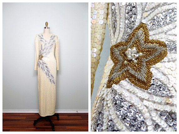 Wedding - VTG Iridescent Ivory Sequin Gown // Glam Ivory Beaded Pearl Wedding Dress // Art Deco Fully Sequined Petite Dress
