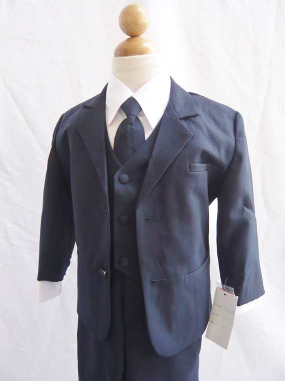زفاف - Tuxedo to Match Flower Girl Dresses Color in Navy Blue with Navy Blue Vest for Toddler Baby Ring Bearer Easter Communion Long Tie