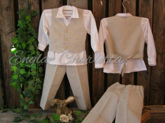Wedding - Linen ring bearer outfit. Boys linen suit. Rustic ring bearer suit. Country wedding. Toddler boy formal wear. Beige boys wedding suit
