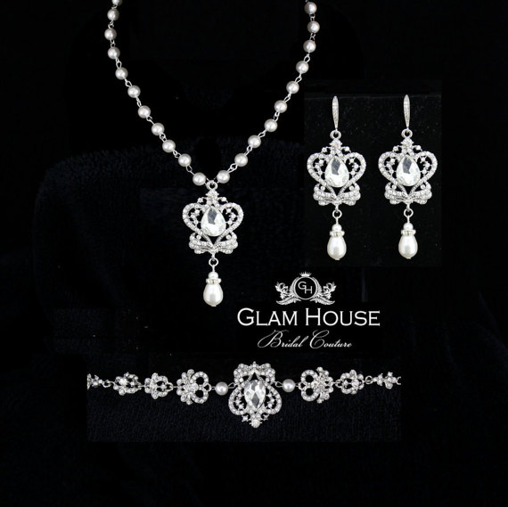 Wedding - Crystal Jewelry Set- Pearl Bridal Necklace , bridal pearl earrings and bridal pearl bracelet- Swarovski Crystal Pearl