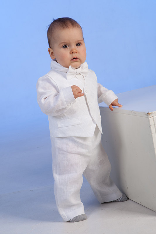 Mariage - Baby boy baptism linen suit ring bearer outfit baby natural clothes boy tuxedos eight-pointed star pattern white photo prop summer SET of 4