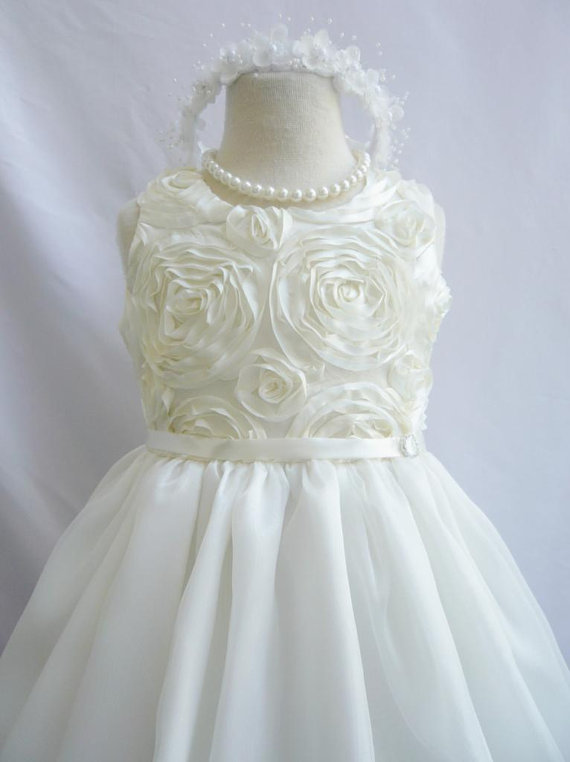 Mariage - Flower Girl Dress - IVORY Rosette Bodice Dress - Easter, Junior Bridesmaid, Wedding - From Toddler to Teen (FGRO)