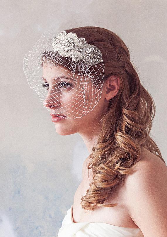 Hochzeit - Birdcage veil, Rhinestone Veil, Crystal Veil, Rhinestone Blusher Veil, Crystal bridal Headpiece, Wedding Veil, Diamonte Crystal Bridal Veil