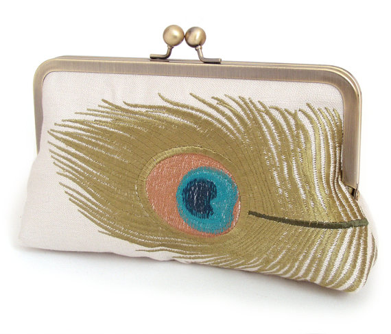Hochzeit - SALE: Peacock clutch, embroidered linen purse / bridal / wedding accessory / bridesmaid gift