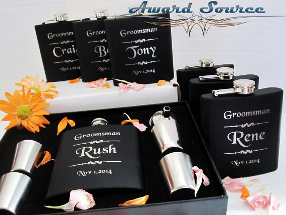 Hochzeit - Set of 8, Groomsmen Gift, Flask Gift Set - Flask and Shot Glass Set with Funnel - Gift for Groomsmen, Best Man Gift