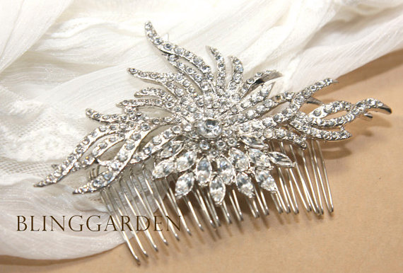 زفاف - Bridal Hair Comb, Wedding Hair Comb, Water Wave Shape Star Hair Comb, Rhinestone Crystal Wedding Bridal Hair Accessory / Sash