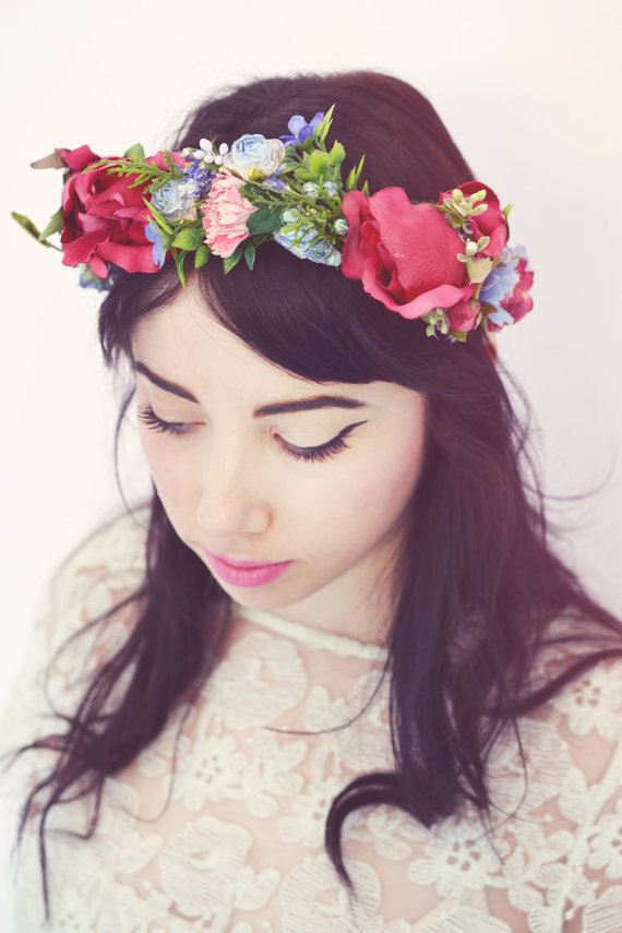 Wedding - Rustic Floral Spring Hair Wreath, Spring Bride, Boho Rose Flower Crown, Blueberry Hair Accessory, Wedding Hair Accessory, Flower Halo