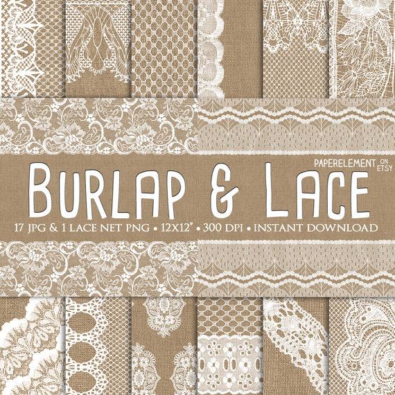 Wedding - Burlap and Lace Digital Paper: Burlap Wedding Invitation Paper, Lace Paper, Lace Background Rustic Wedding Decor, Burlap Wedding Decorations