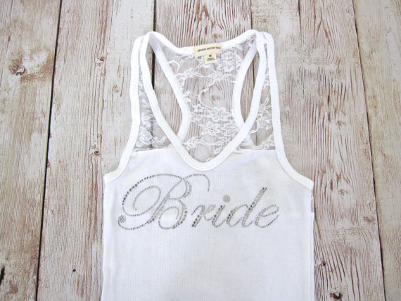 Mariage - Bride Tank Top Shirt. Half Lace. Bridesmaid, Maid of Honor, Matron of Honor. Bridal Party Rhinestone Shirts. Bachelorette Party Tank Tops