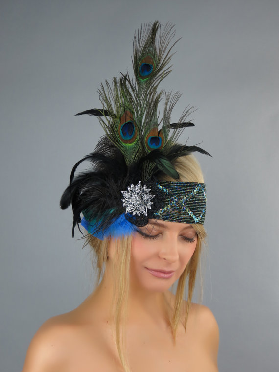 Свадьба - Bridal Headband Kentucky Derby Headband Wedding Accessory Peacock Feather Headband