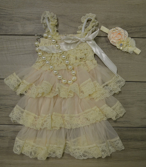 Свадьба - Elegant Vintage Cream Lace Dress Matching Necklace and Headband-Baby-Toddler-1st Birthday Dress-Photograpy prop-Flower girl dress
