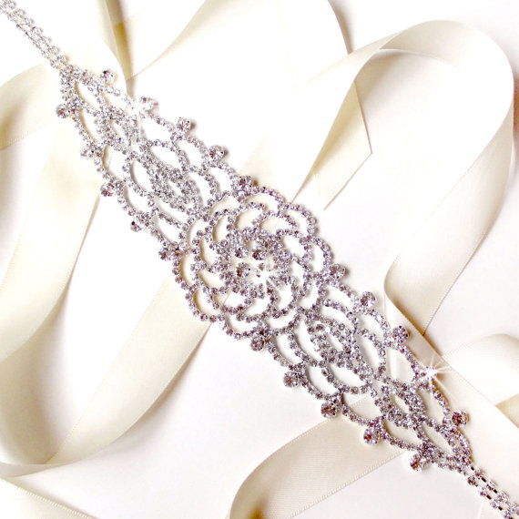 Свадьба - Rhinestone Rose Bridal Belt Sash - White Ivory Silver Satin Ribbon - Rhinestone Crystal - Wedding Dress Belt - Crystal Flowers