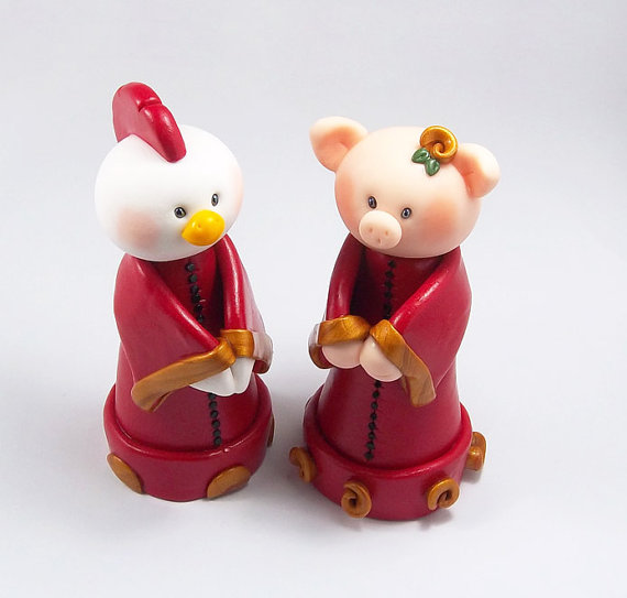 زفاف - Custom Wedding Cake Topper, Rooster and Pig, Chinese Zodiac Signs, Personalized Figurines, Made To Order