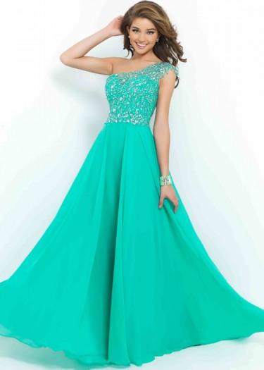 Wedding - Fashion Cheap Fitted Illusion One Shoulder Beaded Chiffon Green Evening Dress