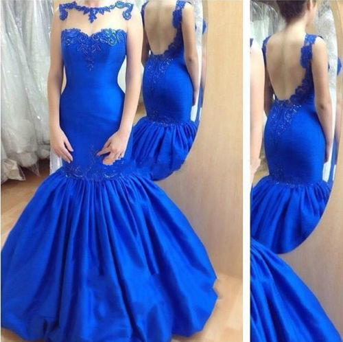 Wedding - 2015 Mermaid Sheer Cheap Evening Dresses Real Image Taffeta Blue Backless Train Sweep Applique Formal Dress Gowns Long Prom Party Dresses Online with $112.08/Piece on Hjklp88's Store 