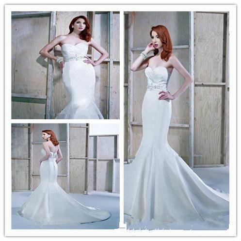 Mariage - 2015 New Arrival Mermaid Sweep Train Beaded Waist Ella Rosa Wedding Dresses Corset Lace Up Back Satin Sweetheart Formal Bride Gown Dress Online with $122.83/Piece on Hjklp88's Store 