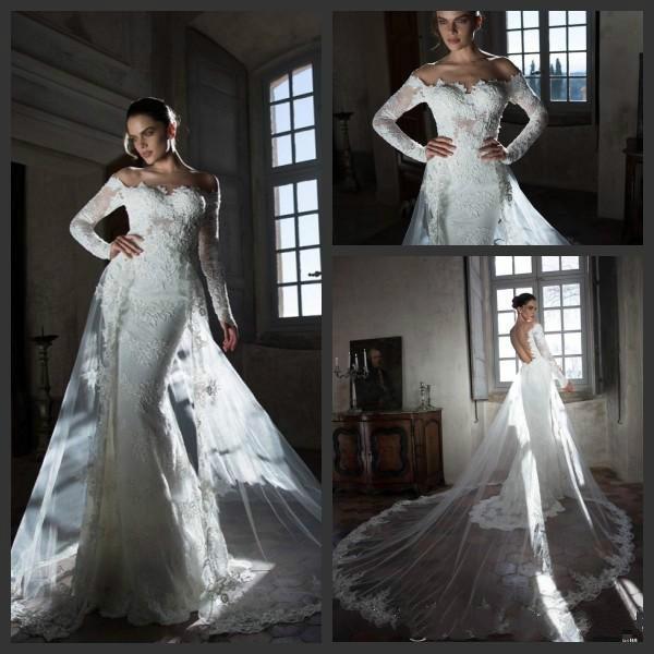 Wedding - 2015 Sheer Long Sleeve Mermaid Wedding Dresses with Cathedral Train White Full Lace Backless Custom Bridal Gowns Designer By Tarik Ediz Online with $134.4/Piece on Hjklp88's Store 